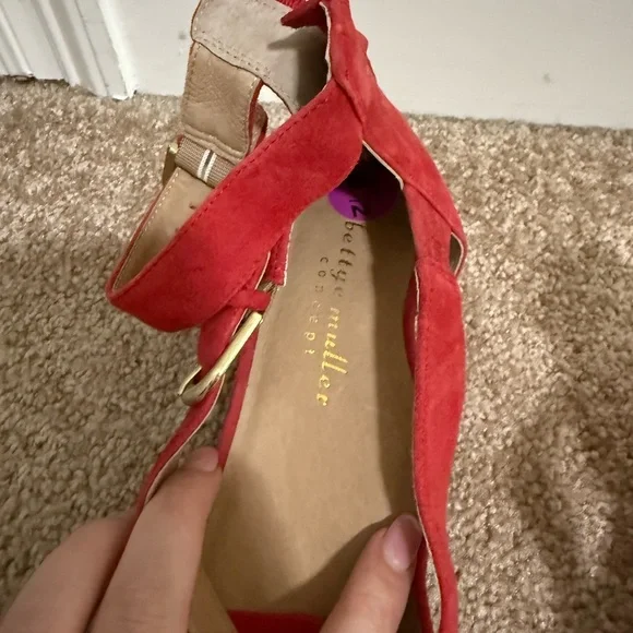 Bettye Muller Red Suede Sandals | Block Heel w/ Double Buckle & Zip | 1.5” Heel - Picture 8 of 9